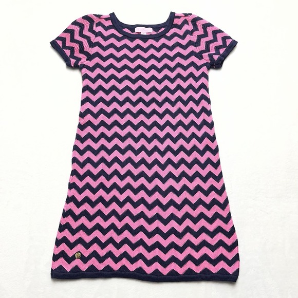 Lilly Pulitzer Other - Lilly Pulitzer Santana Sweater Dress Girls L 8-10‎ Chevron Pink Navy Barbie Glam